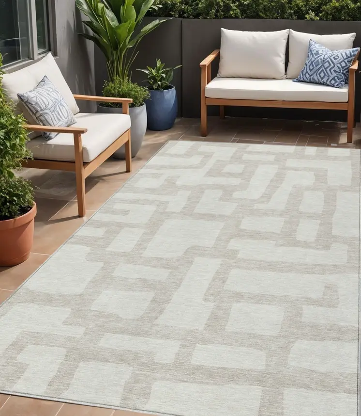 5' X 8' Ivory And Beige Abstract Washable Indoor Outdoor Area Rug