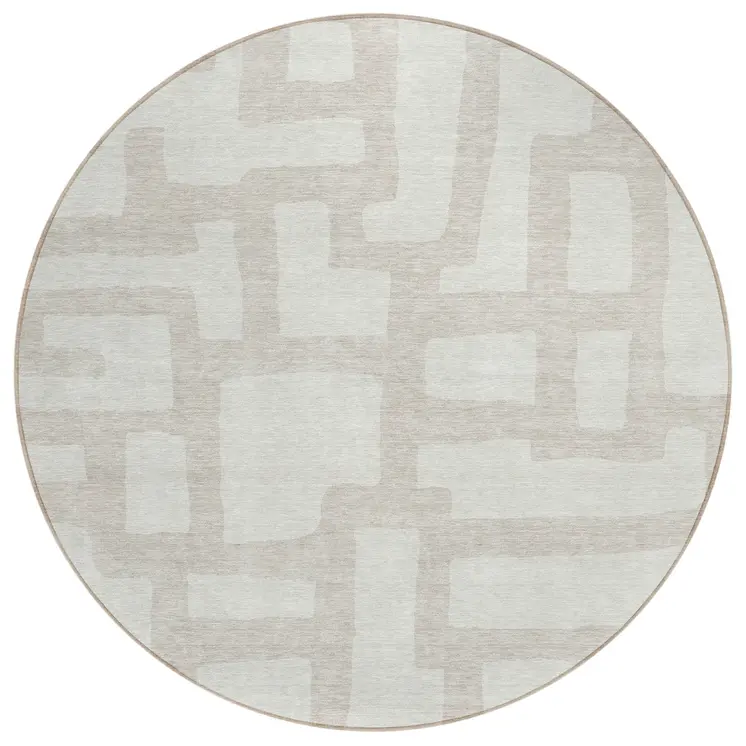 8' Ivory And Beige Round Abstract Washable Indoor Outdoor Area Rug