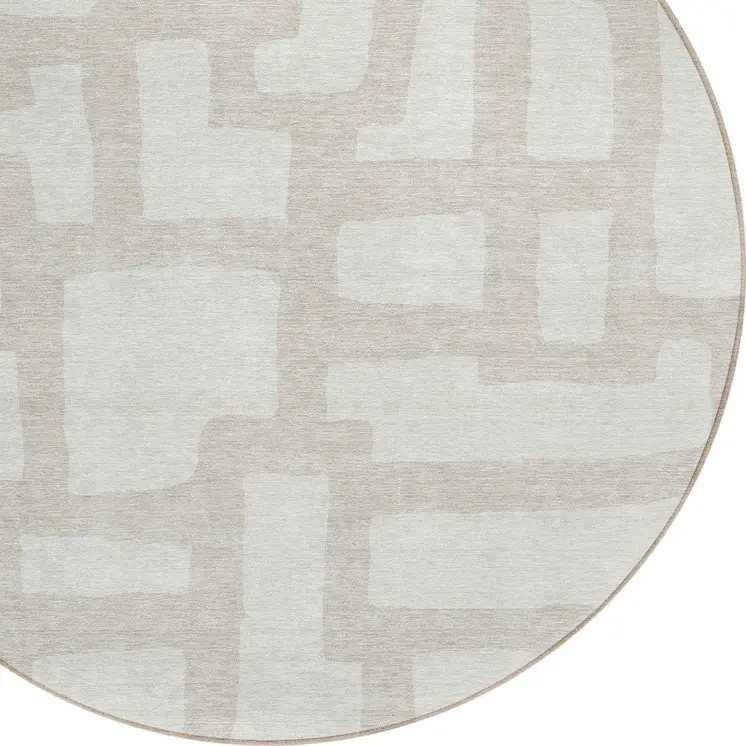 8' Ivory And Beige Round Abstract Washable Indoor Outdoor Area Rug