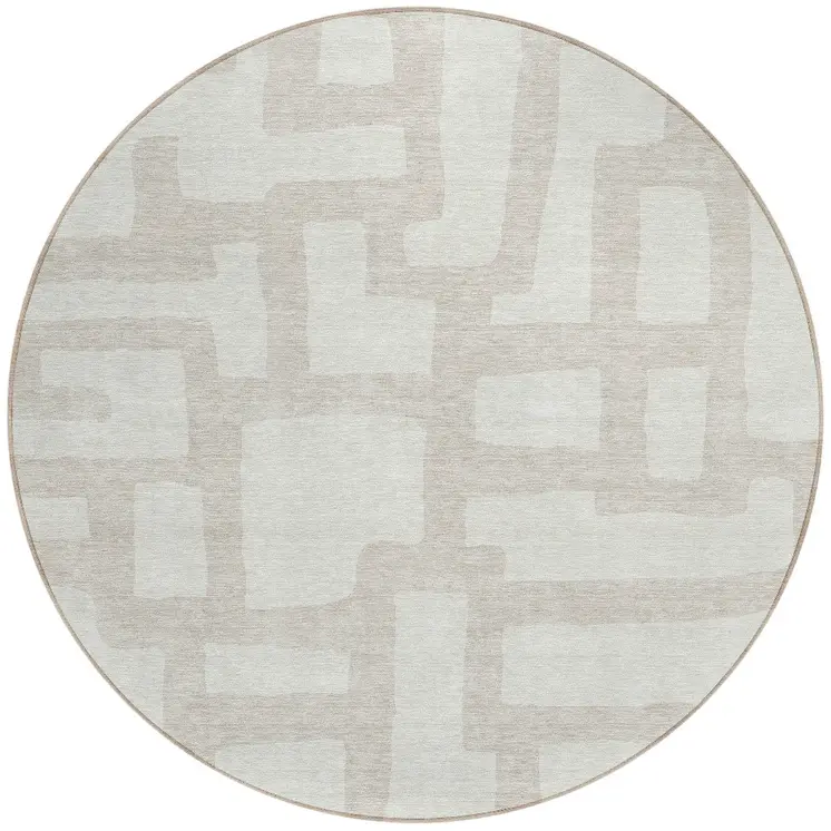 8' Ivory And Beige Round Abstract Washable Indoor Outdoor Area Rug