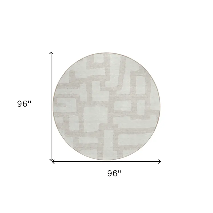 8' Ivory And Beige Round Abstract Washable Indoor Outdoor Area Rug