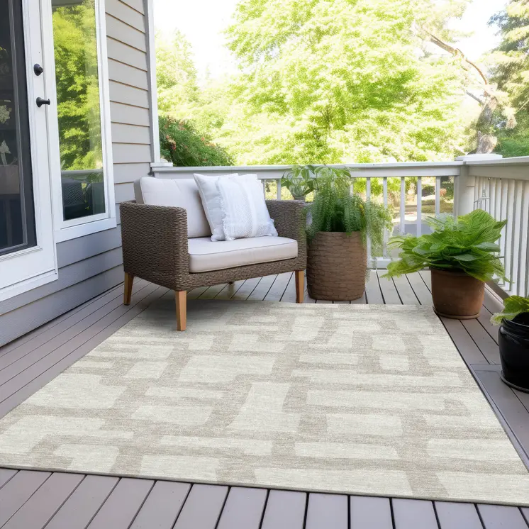 8' X 10' Ivory And Beige Abstract Washable Indoor Outdoor Area Rug