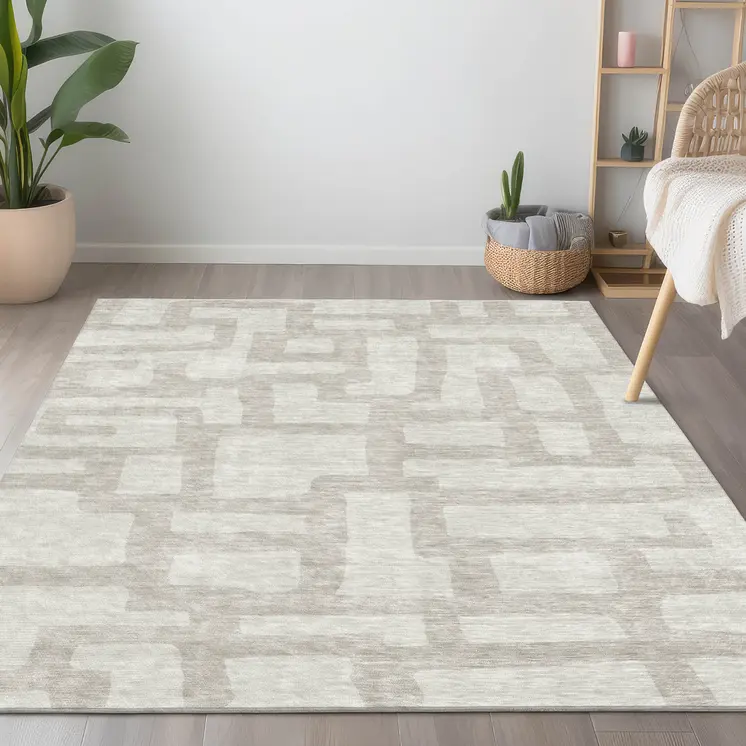 8' X 10' Ivory And Beige Abstract Washable Indoor Outdoor Area Rug
