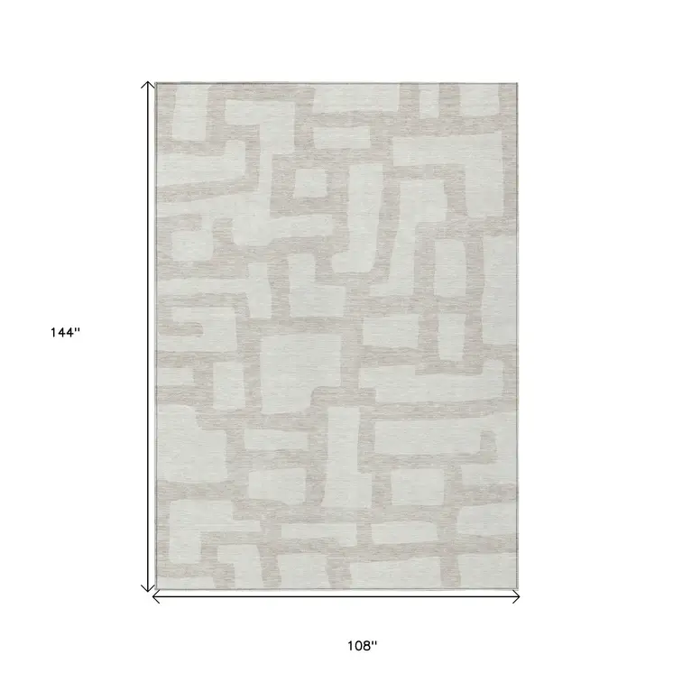 9' X 12' Ivory And Beige Abstract Washable Indoor Outdoor Area Rug