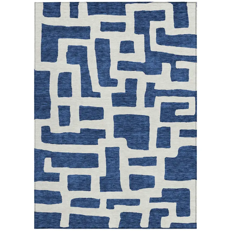 3' X 5' Navy Blue And Ivory Abstract Washable Indoor Outdoor Area Rug