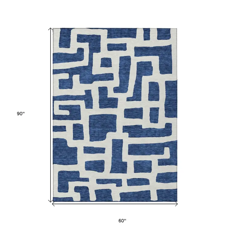 5' X 8' Navy Blue And Ivory Abstract Washable Indoor Outdoor Area Rug