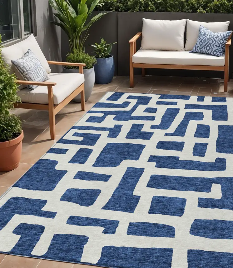 5' X 8' Navy Blue And Ivory Abstract Washable Indoor Outdoor Area Rug