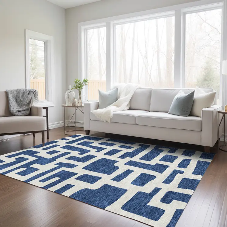 5' X 8' Navy Blue And Ivory Abstract Washable Indoor Outdoor Area Rug
