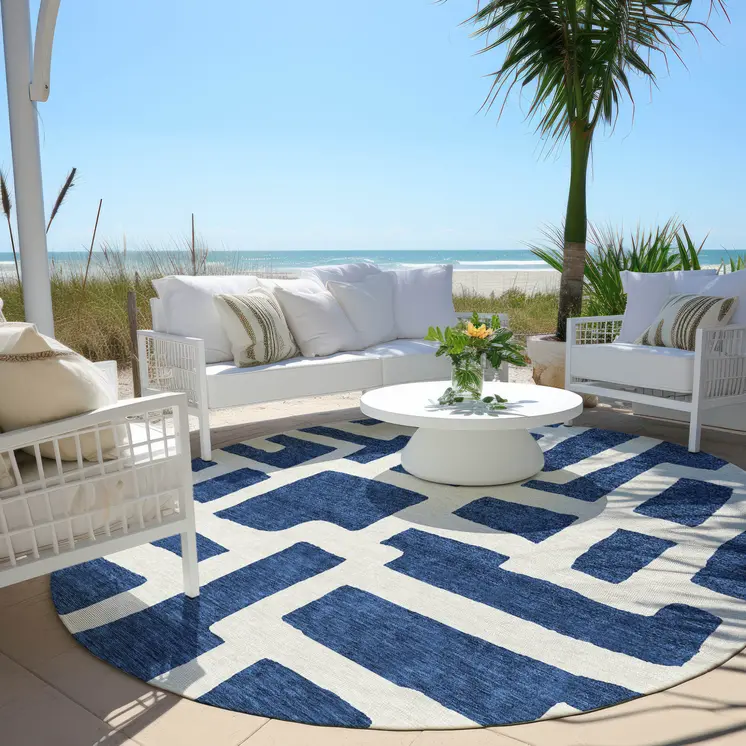 8' Navy Blue And Ivory Round Abstract Washable Indoor Outdoor Area Rug