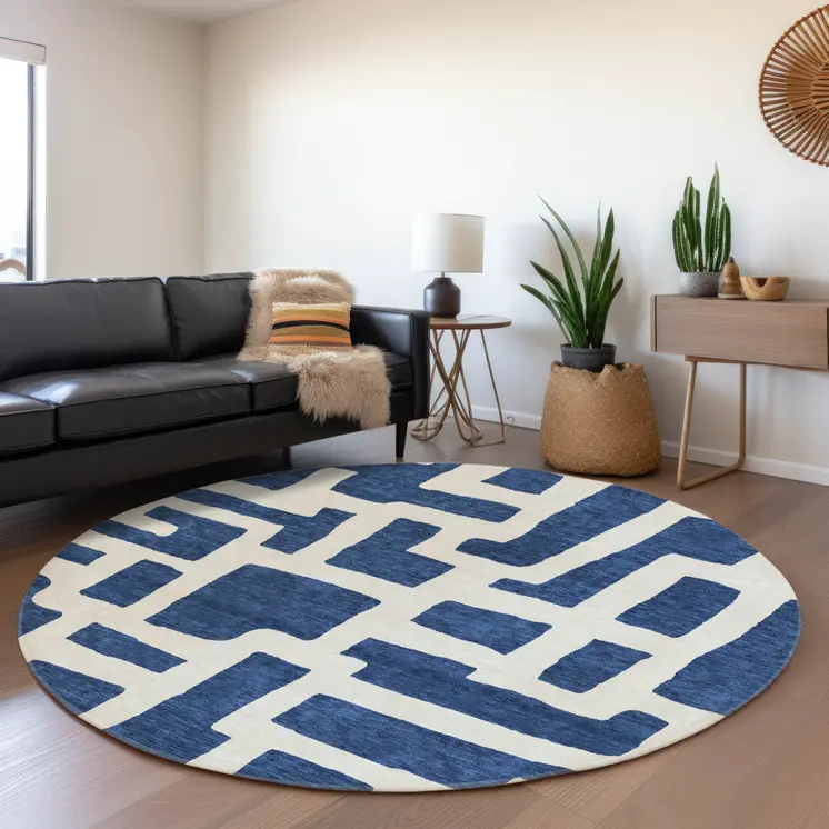 8' Navy Blue And Ivory Round Abstract Washable Indoor Outdoor Area Rug