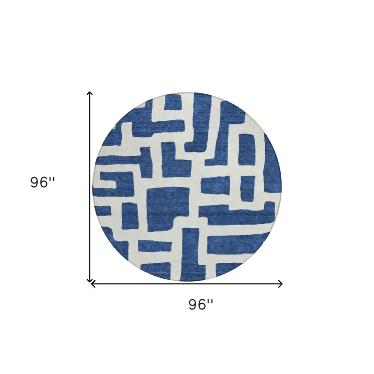 8' Navy Blue And Ivory Round Abstract Washable Indoor Outdoor Area Rug