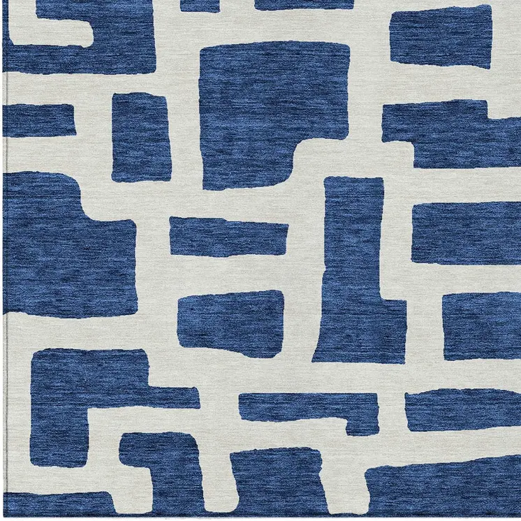 8' X 10' Navy Blue And Ivory Abstract Washable Indoor Outdoor Area Rug