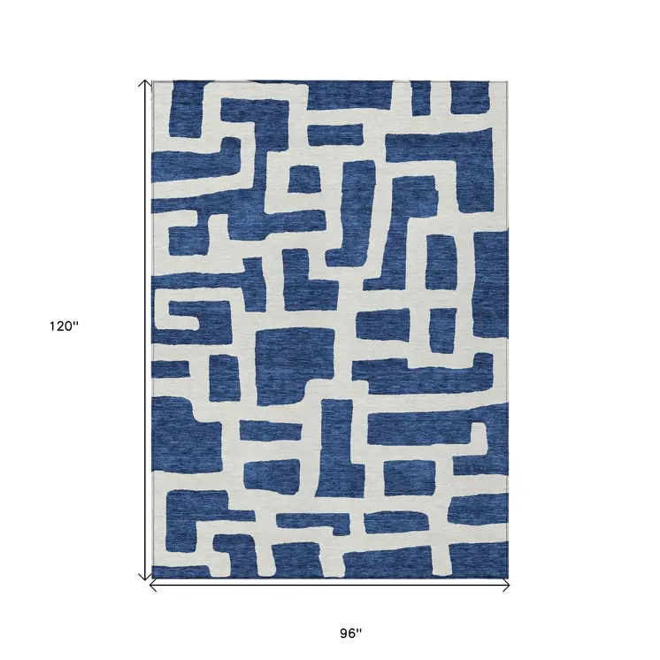 8' X 10' Navy Blue And Ivory Abstract Washable Indoor Outdoor Area Rug