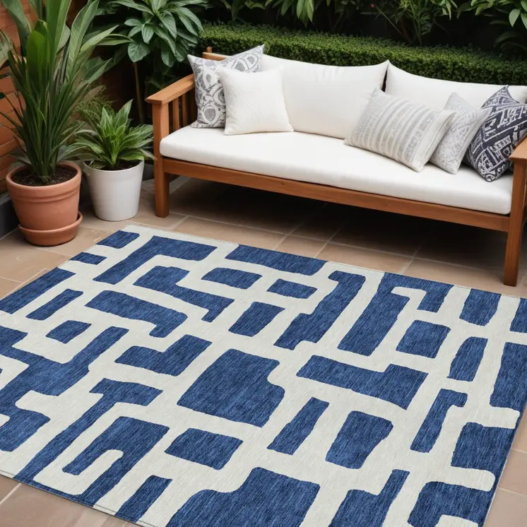 8' X 10' Navy Blue And Ivory Abstract Washable Indoor Outdoor Area Rug