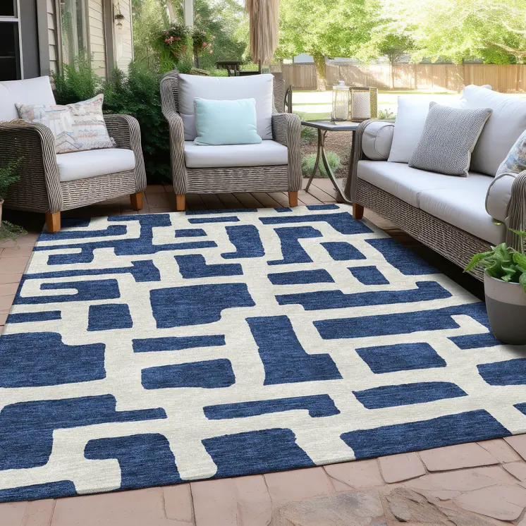 8' X 10' Navy Blue And Ivory Abstract Washable Indoor Outdoor Area Rug