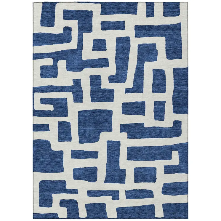8' X 10' Navy Blue And Ivory Abstract Washable Indoor Outdoor Area Rug