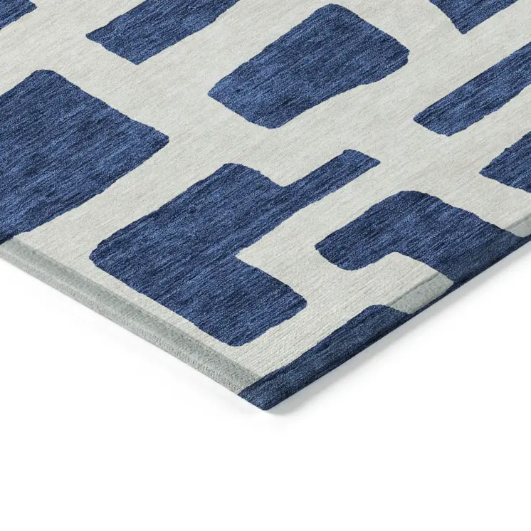 8' X 10' Navy Blue And Ivory Abstract Washable Indoor Outdoor Area Rug