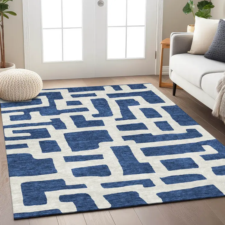 8' X 10' Navy Blue And Ivory Abstract Washable Indoor Outdoor Area Rug