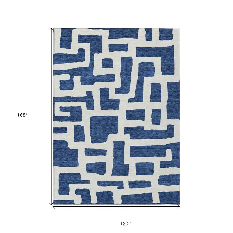 10' X 14' Navy Blue And Ivory Abstract Washable Indoor Outdoor Area Rug