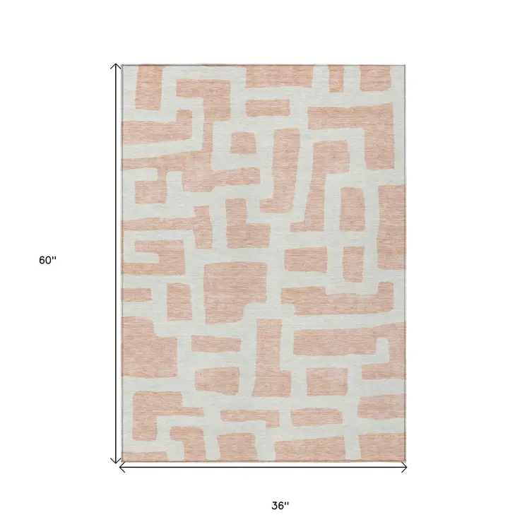 3' X 5' Peach And Gray Abstract Washable Indoor Outdoor Area Rug