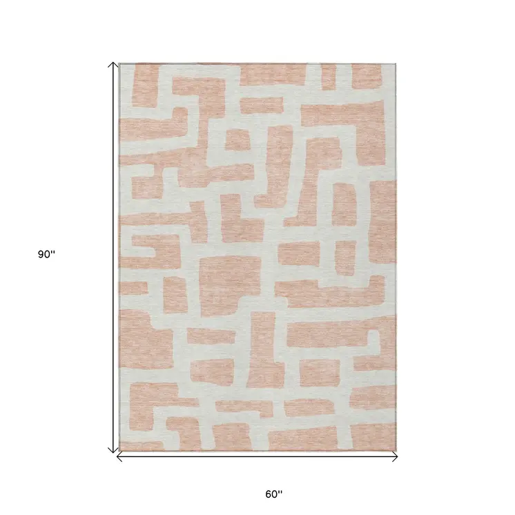 5' X 8' Peach And Gray Abstract Washable Indoor Outdoor Area Rug