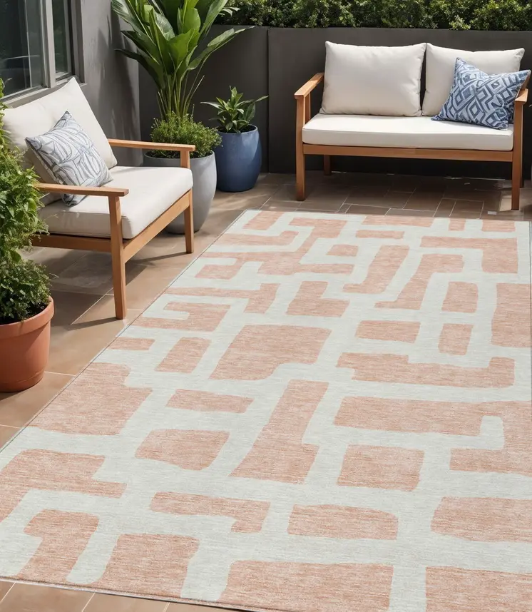 5' X 8' Peach And Gray Abstract Washable Indoor Outdoor Area Rug