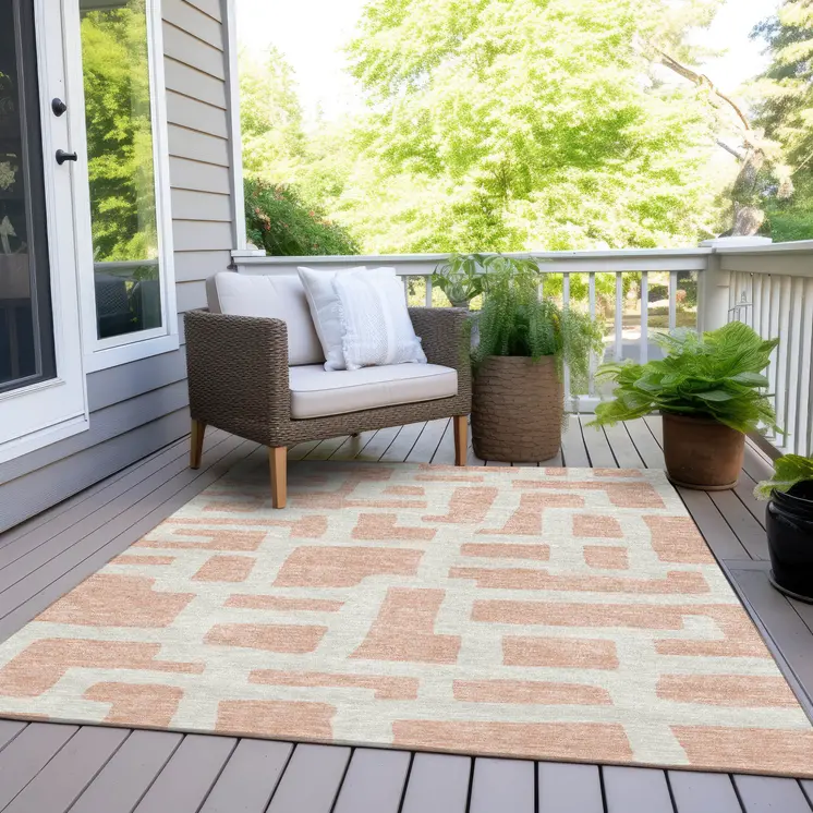 5' X 8' Peach And Gray Abstract Washable Indoor Outdoor Area Rug