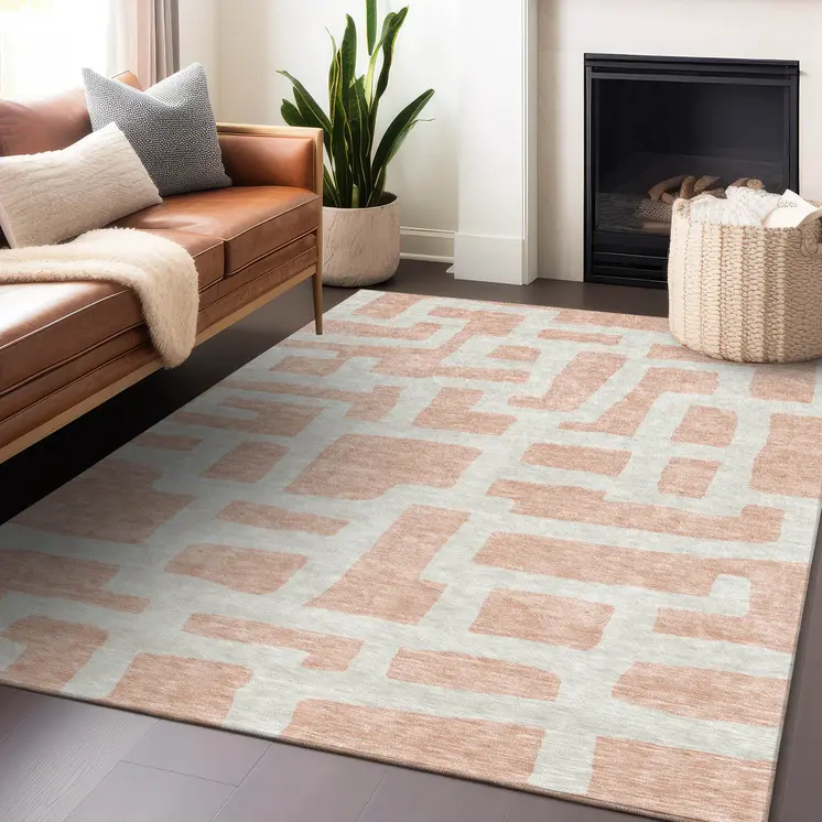 5' X 8' Peach And Gray Abstract Washable Indoor Outdoor Area Rug