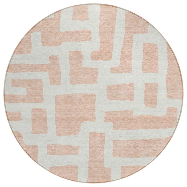 8' Peach And Gray Round Abstract Washable Indoor Outdoor Area Rug