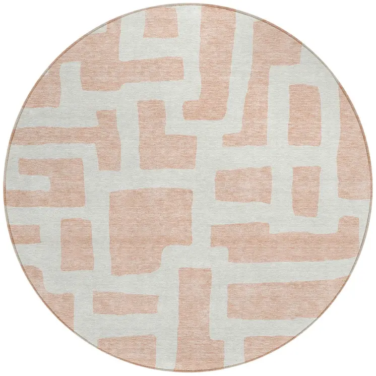 8' Peach And Gray Round Abstract Washable Indoor Outdoor Area Rug