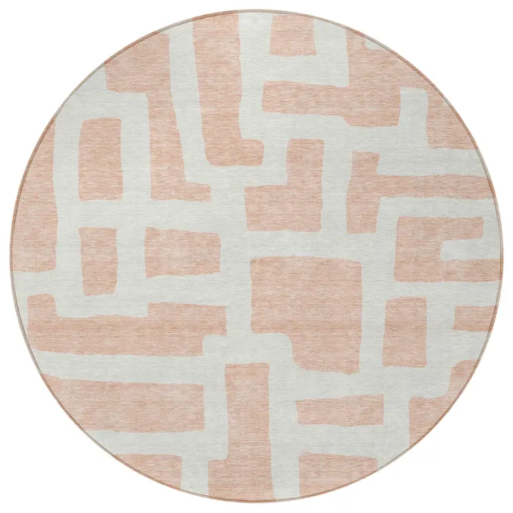 8' Peach And Gray Round Abstract Washable Indoor Outdoor Area Rug