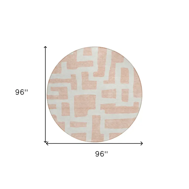 8' Peach And Gray Round Abstract Washable Indoor Outdoor Area Rug