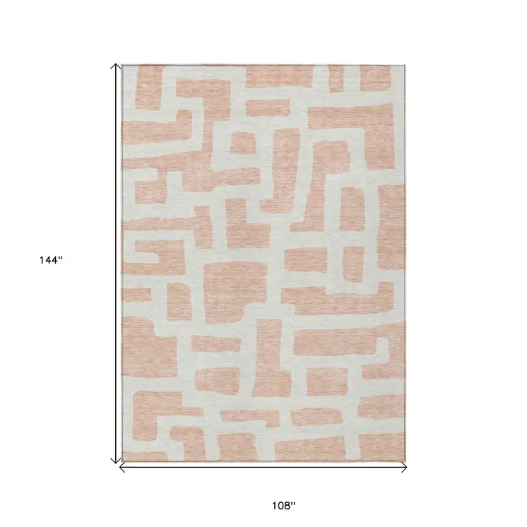 9' X 12' Peach And Gray Abstract Washable Indoor Outdoor Area Rug