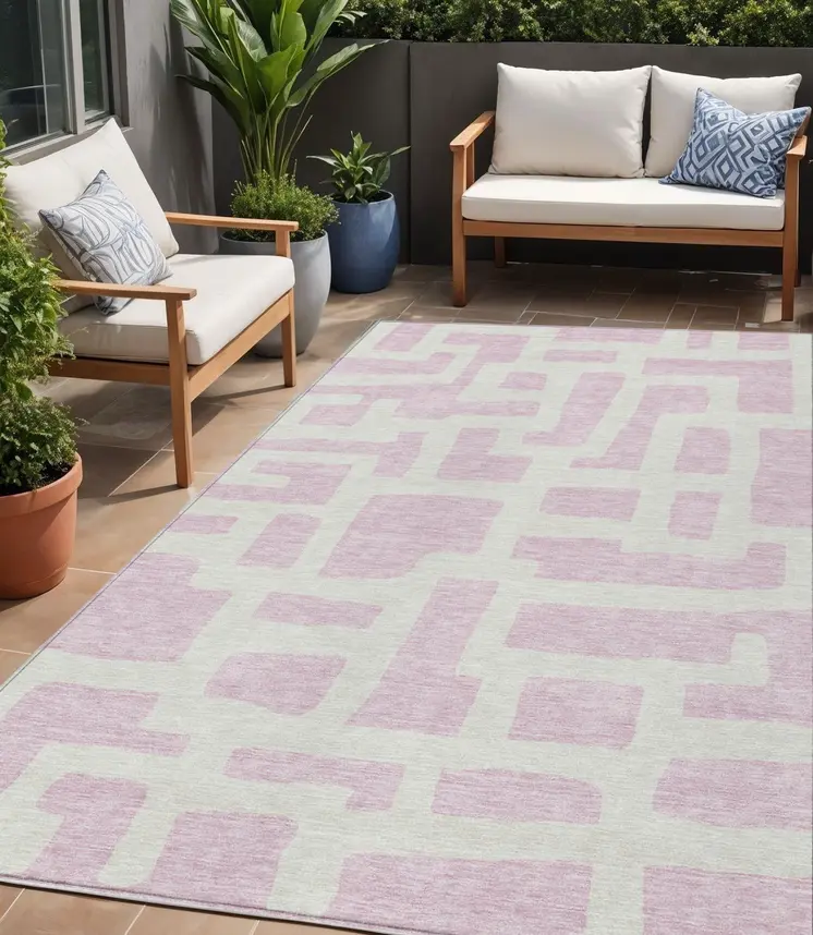 5' X 8' Pink And Ivory Abstract Washable Indoor Outdoor Area Rug
