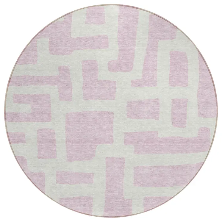8' Pink And Ivory Round Abstract Washable Indoor Outdoor Area Rug