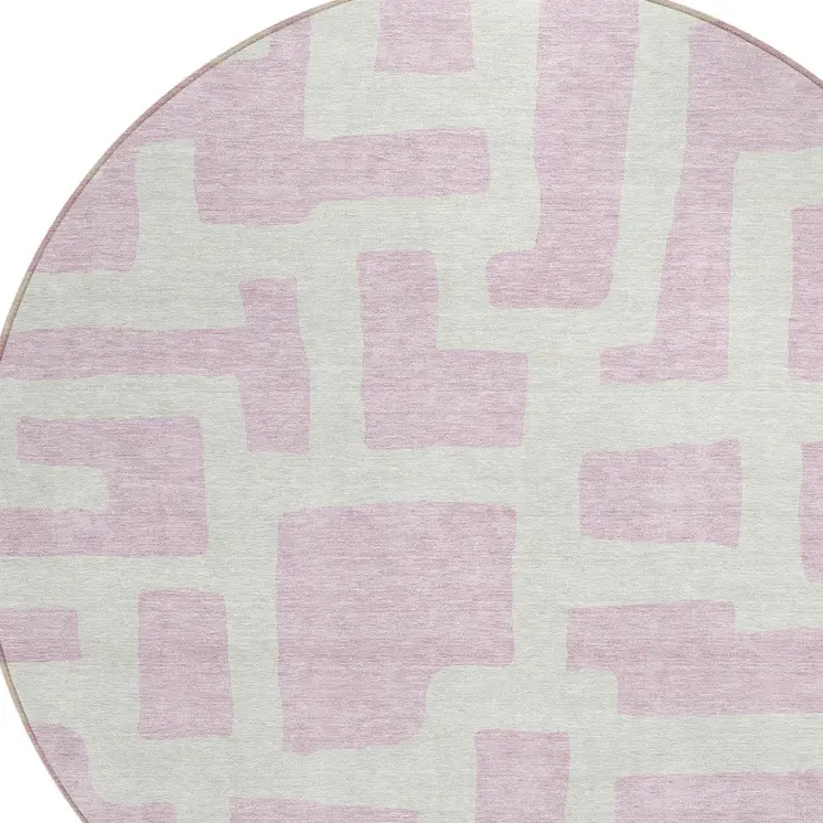 8' Pink And Ivory Round Abstract Washable Indoor Outdoor Area Rug