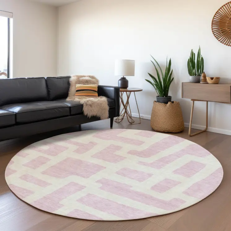 8' Pink And Ivory Round Abstract Washable Indoor Outdoor Area Rug