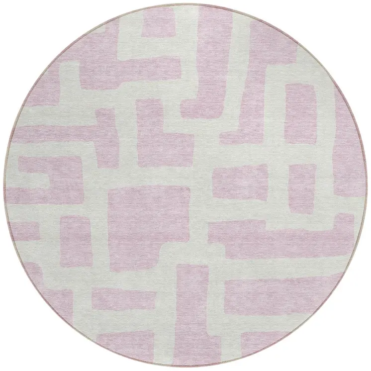 8' Pink And Ivory Round Abstract Washable Indoor Outdoor Area Rug