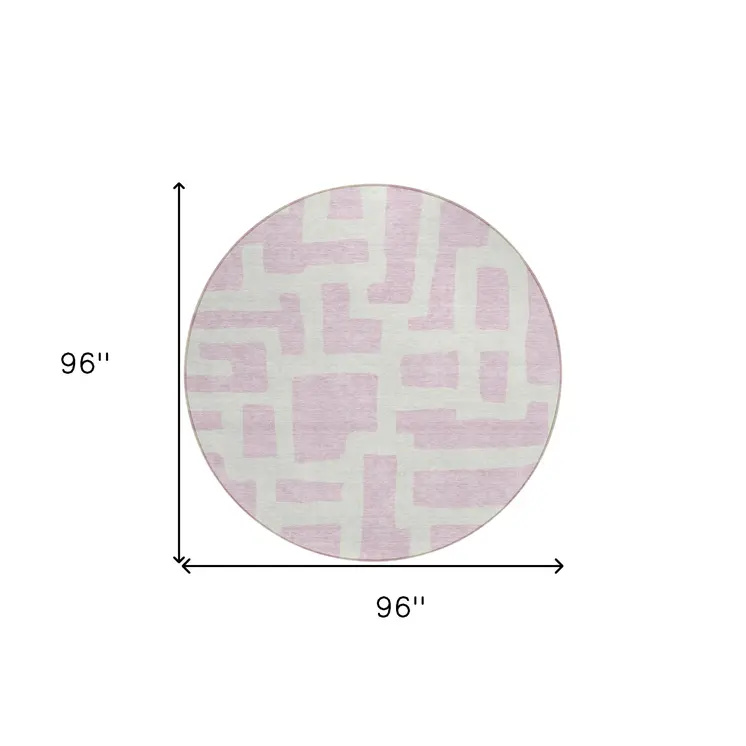 8' Pink And Ivory Round Abstract Washable Indoor Outdoor Area Rug