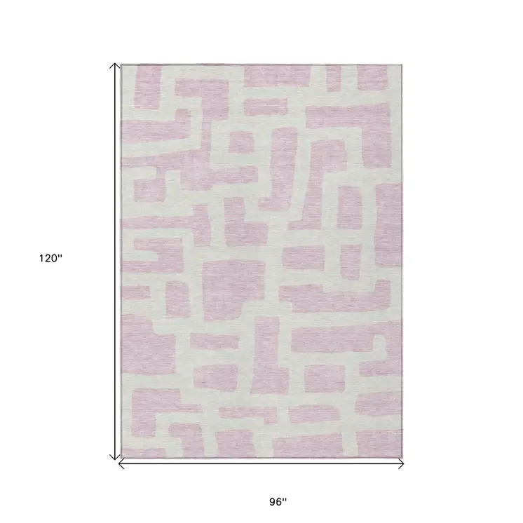 8' X 10' Pink And Ivory Abstract Washable Indoor Outdoor Area Rug