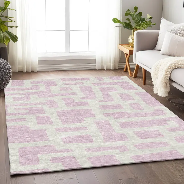 8' X 10' Pink And Ivory Abstract Washable Indoor Outdoor Area Rug