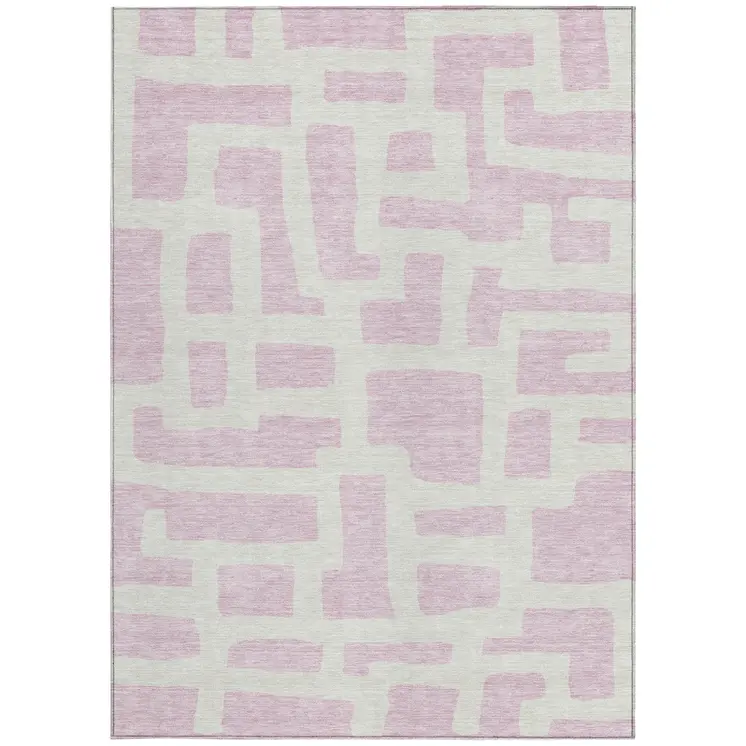9' X 12' Pink And Ivory Abstract Washable Indoor Outdoor Area Rug