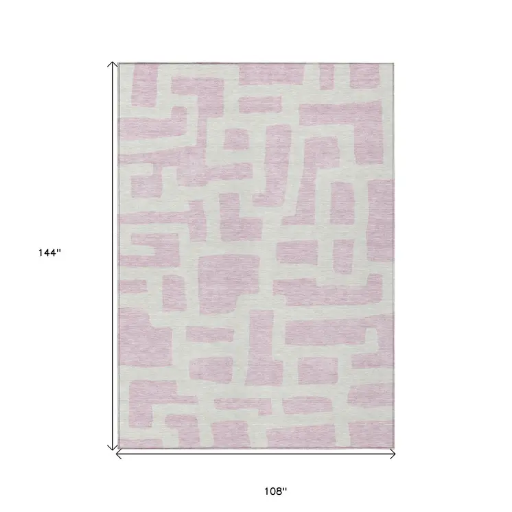 9' X 12' Pink And Ivory Abstract Washable Indoor Outdoor Area Rug