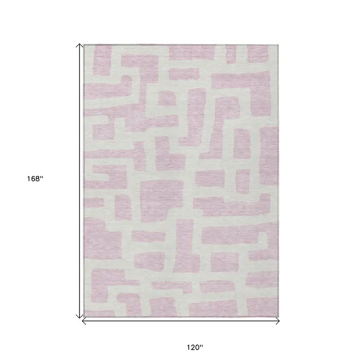 10' X 14' Pink And Ivory Abstract Washable Indoor Outdoor Area Rug