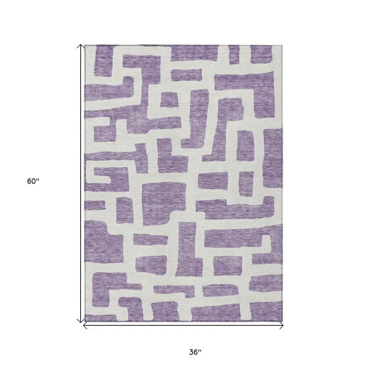 3' X 5' Purple And Ivory Abstract Washable Indoor Outdoor Area Rug