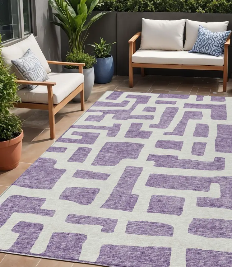 5' X 8' Purple And Ivory Abstract Washable Indoor Outdoor Area Rug
