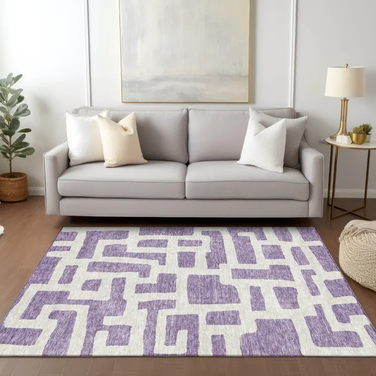 5' X 8' Purple And Ivory Abstract Washable Indoor Outdoor Area Rug
