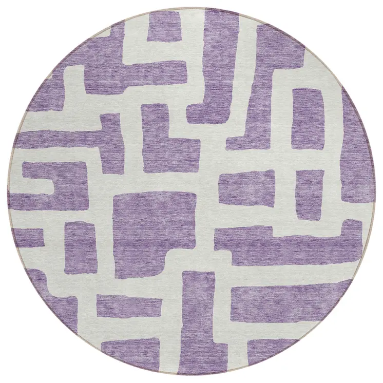 8' Purple And Ivory Round Abstract Washable Indoor Outdoor Area Rug