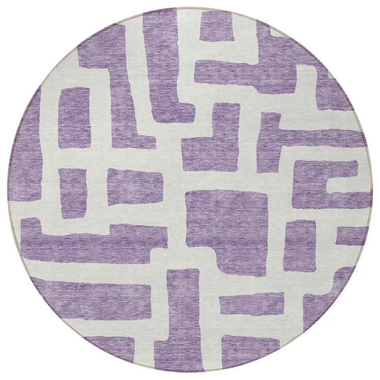 8' Purple And Ivory Round Abstract Washable Indoor Outdoor Area Rug