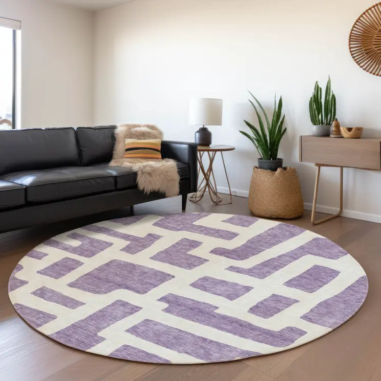 8' Purple And Ivory Round Abstract Washable Indoor Outdoor Area Rug